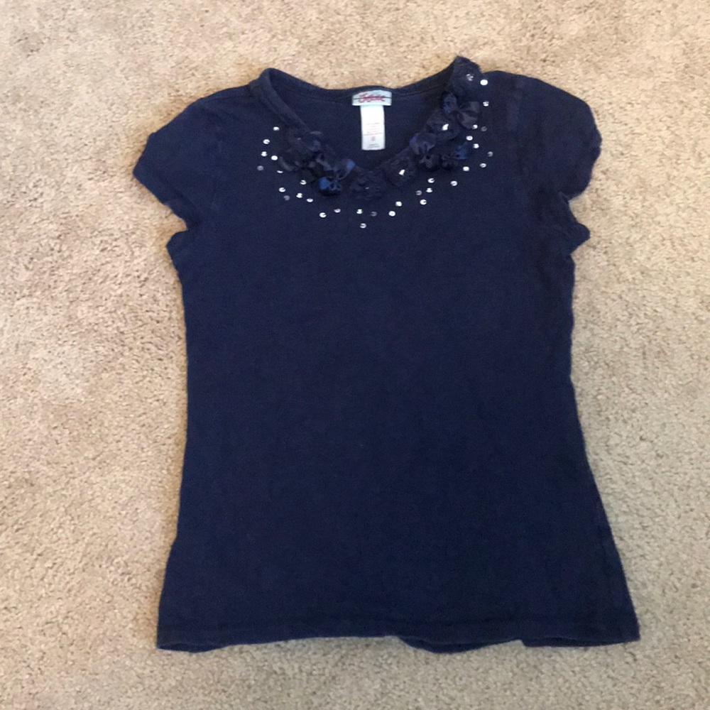 Justice navy shirt w/embellished neckline, size 8